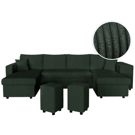 Canapé panoramique OSLO convertible avec 2 coffres, 2 poufs à droite en velours côtelé vert foncé