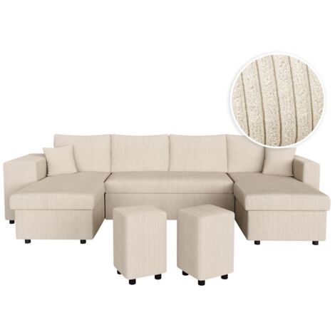 Canapé panoramique OSLO convertible avec 2 coffres, 2 poufs à gauche en velours côtelé beige