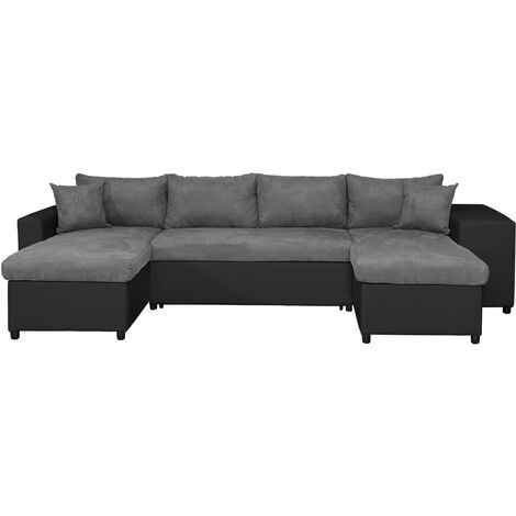 Canapé panoramique OSLO convertible avec coffres, poufs à gauche en simili noir et microfibre grise