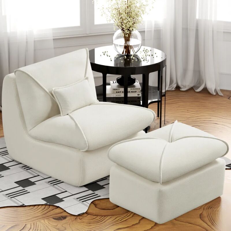 Okwish - Canapé paresseux avec repose-pieds et dossier, pour salon, tissu chenille, blanc