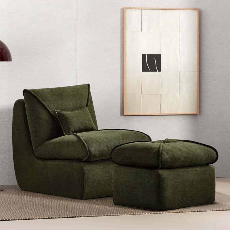 Okwish - Canapé paresseux avec repose-pieds et dossier, pour salon, tissu chenille, vert