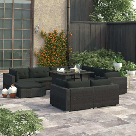 Canapé patio - vidaXL Salon de jardin 10 pcs avec coussins Résine tressée Noir - Canapé en rotin