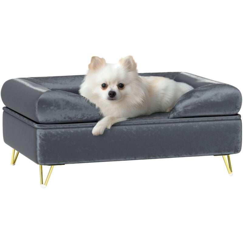 Canapé pour chien design - dim. 76L x 53,5l x 34H cm - piètement épingle métal doré velours gris