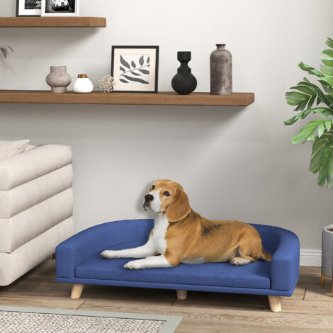 Canapé pour chien grand lit surélevé pour chien coussin lavable cadre en bois tissu polyester 98 x 67 x 25 cm bleu