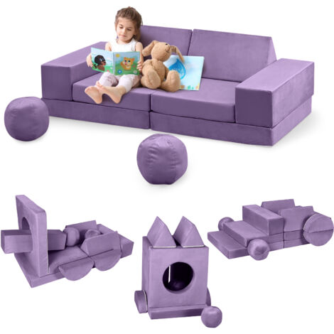Canapé pour Enfants 12 PCS avec Balles et Tunnel, Canapé de Jeu Modulaire en Mousse Douce pour Jeux, Dodo et Créativité, Violet