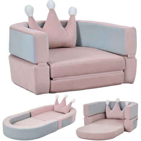 Canapé pour enfants convertible en lit et aire de jeux avec coussin couronne 116x61x14 cm rose et bleu grisâtre