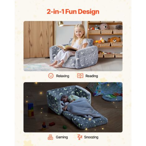 Canapé pour Enfants Convertible, Fauteuil Chaise Longue 2-en-1, Sofa Tout-petits Pliable et Moelleux, Phosphorescent, avec Accoudoirs, en Éponge 28D et Peluche, pour Salle de Jeux, Gris