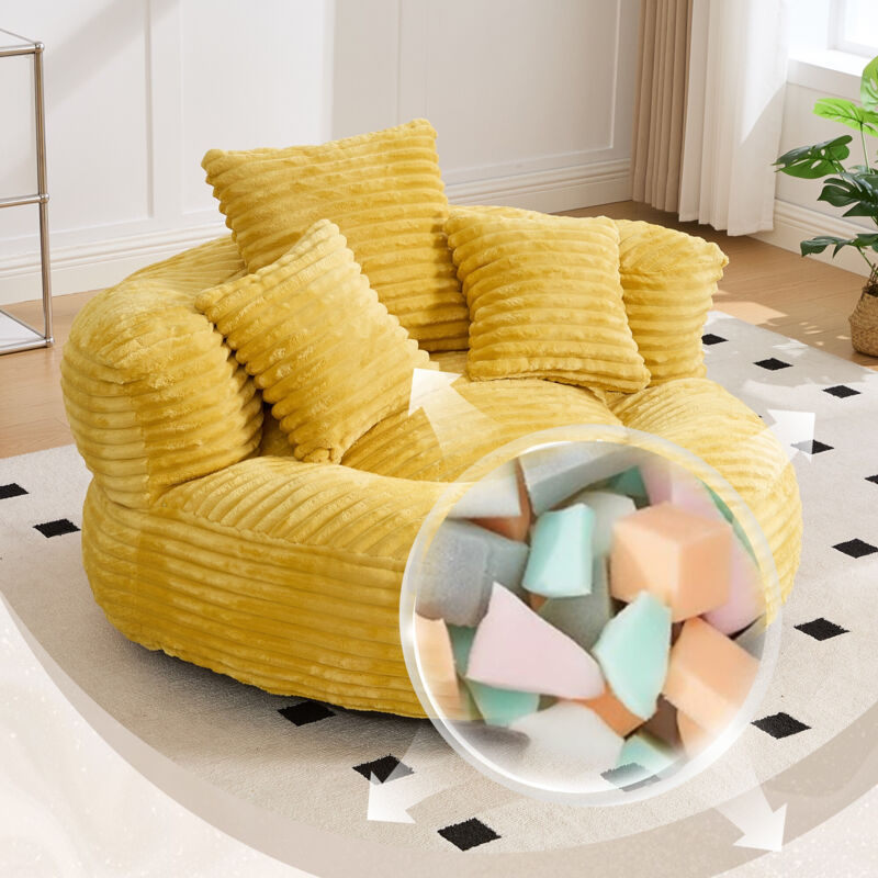 Canapé relax 108x108x52 cm et Sofa Lazy avec Dossier Haut et 3 Coussins pour Salon, Chambre et Bureau - Mousse - Velours Côtelé -Jaune