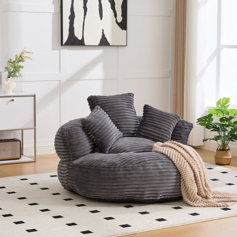 Canapé relax 108x108x52 cm et Sofa Lazy avec Dossier Haut et 3 Coussins pour Salon, Chambre et Bureau - Mousse - Velours Côtelé -Gris