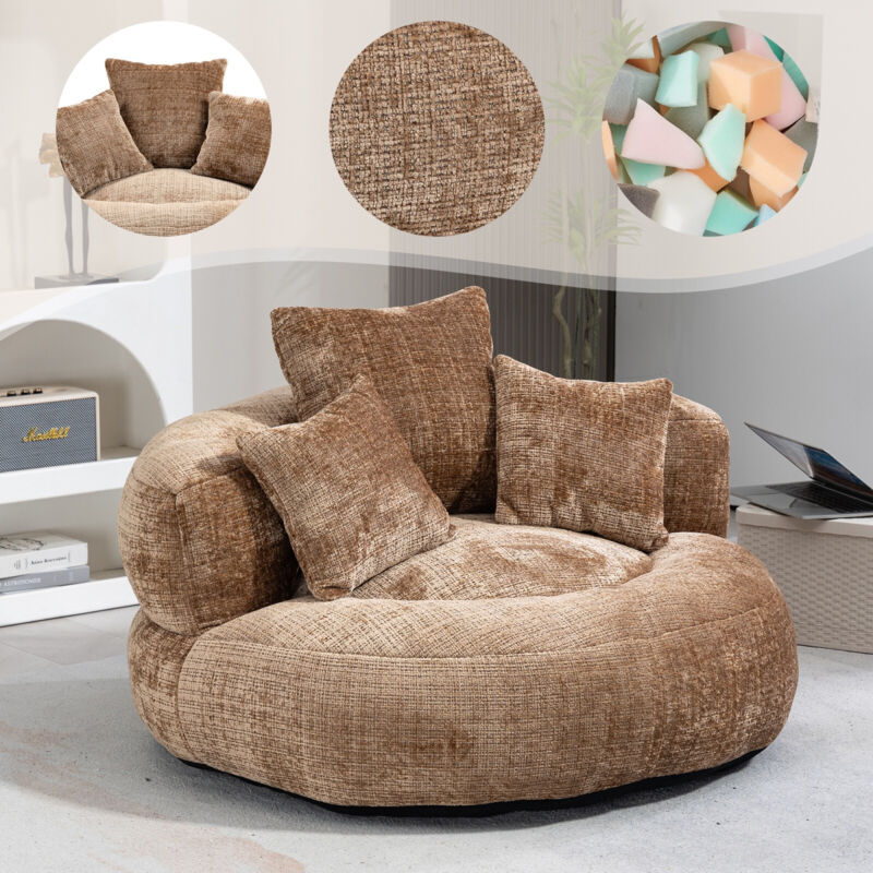Canapé relax 108x108x52 cm et Sofa Lazy en Tissu Chenille - Siège de Gaming avec Dossier Haut et 3 Coussins - Mousse - Marron