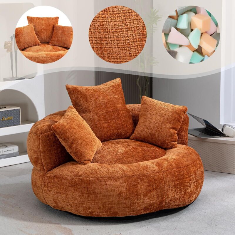 Canapé relax 108x108x52 cm et Sofa Lazy en Tissu Chenille - Siège de Gaming avec Dossier Haut et 3 Coussins - Mousse - Orange