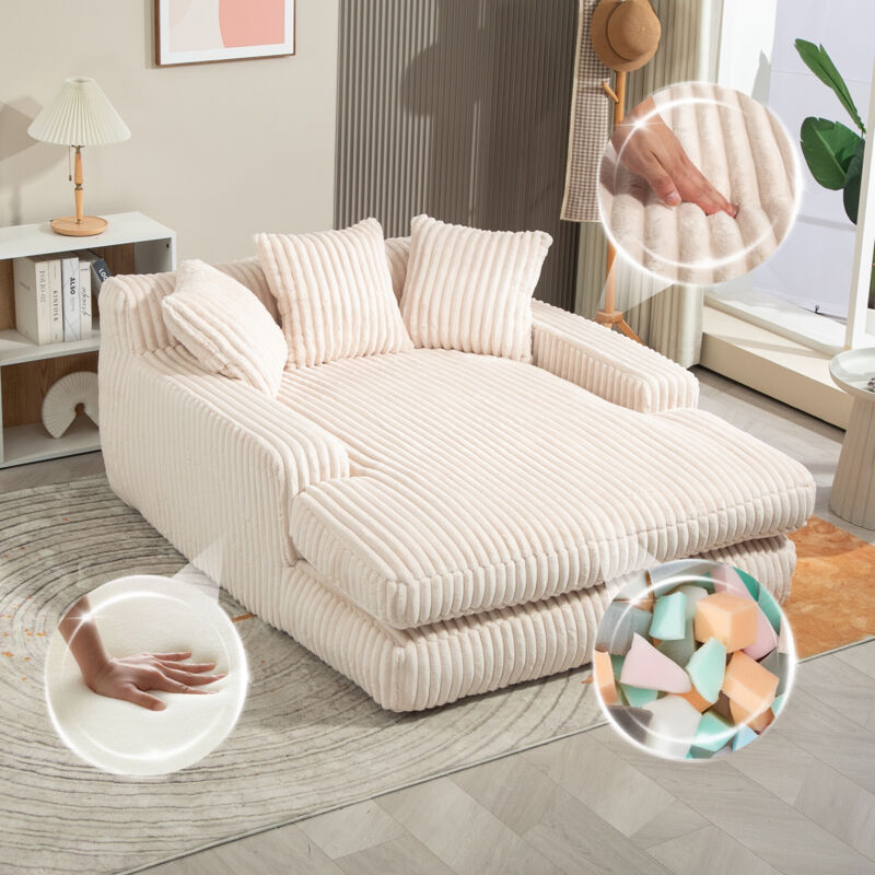 Canapé Relax 125x155x63 cm Effet Nuage avec 3 Coussins - Sofa de Sol Moelleux pour Salon et Bureau - Mousse à Mémoire - Velours Côtelé - Beige
