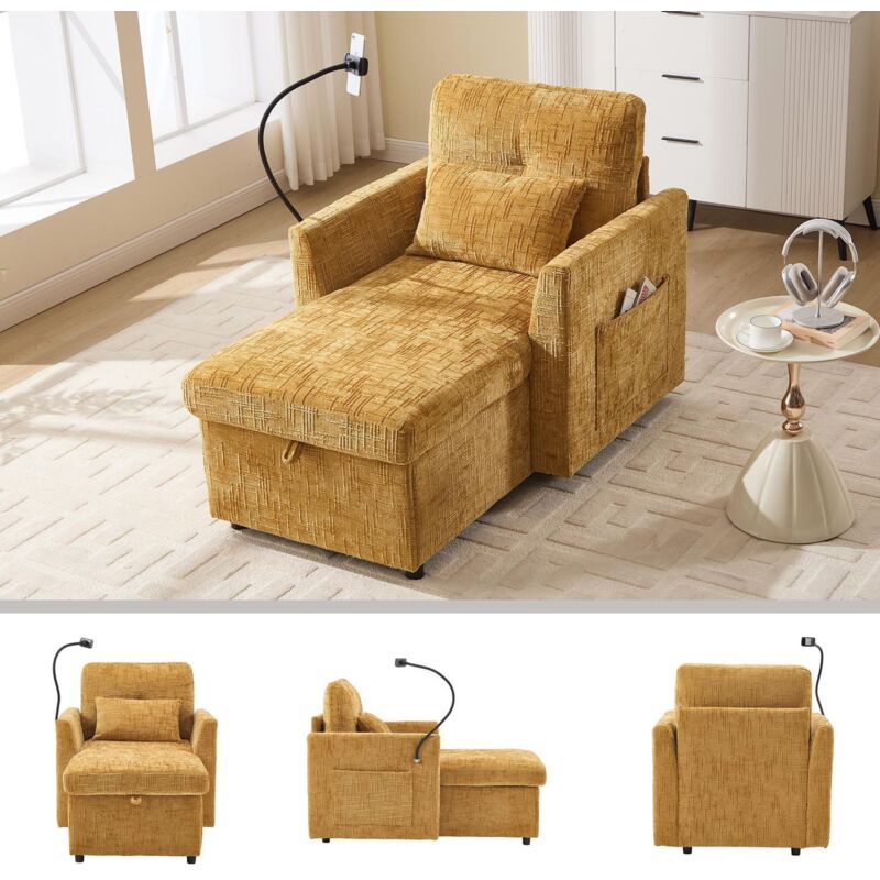 Canapé relax 125x84.5x87cm avec Support Téléphone et Coffre de Rangement - Fauteuil Simple Lounge Design - Chenille - Jaune