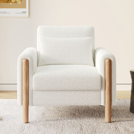 Canapé relax avec coussin épais, 1 place, en teddy et structure bois massif, blanc