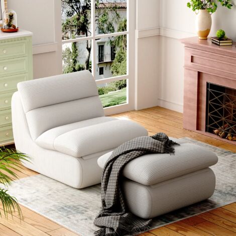 Canapé relax avec repose-pieds, dossier et coussin d'assise amovibles, velours côtelé blanc