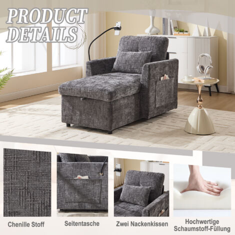 Canapé Relax Multifonction à Dossier Ajustable, Accoudoir Tablette et Rangement, Tissu, Idéal petit espace,Gris