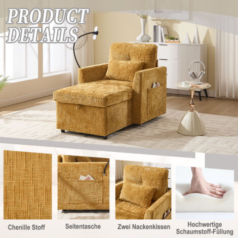 Canapé Relax Multifonction à Dossier Ajustable, Accoudoir Tablette et Rangement, Tissu, Idéal petit espace,Jaune