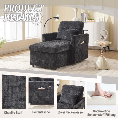 Canapé Relax Multifonction à Dossier Ajustable, Accoudoir Tablette et Rangement, Tissu, Idéal petit espace,Noir