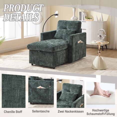 Canapé Relax Multifonction à Dossier Ajustable, Accoudoir Tablette et Rangement, Tissu, Idéal petit espace,Vert