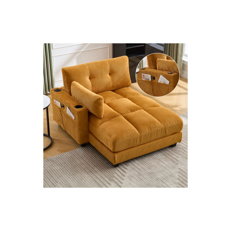 Wishdor - Canapé rembouré, canapé jaune avec revêtement à rayures, avec accoudoirs, 2 porte-gobelets, 2 poches latérales, port usb, velours, pour