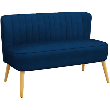 Canapé Rétro 2 Places, Pieds Bois, 117 x 56,5 x 77 cm, Bleu