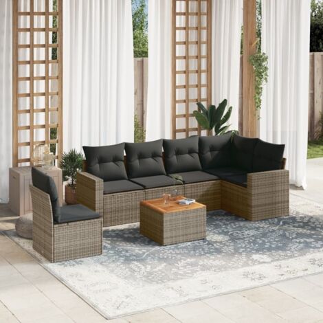 Canapé Salon Jardin Résine Tressée 7 Places Gris avec Coussins [1 Table Acacia + 6 Fauteuils Modulaires]