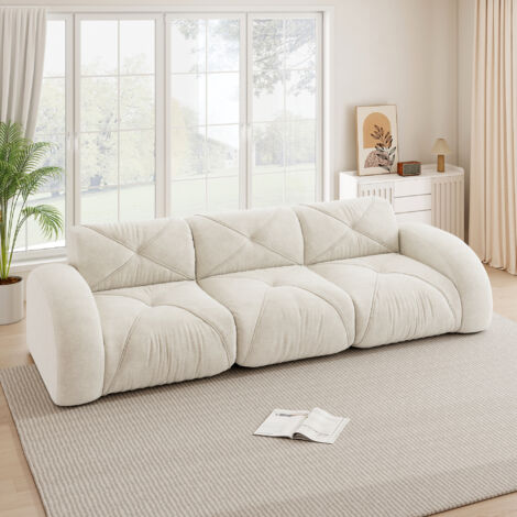 Canapé sans cadre modulaire 3 places extra-large blanc tissu chenille. Confortable antidérapant sans assemblage pour salon.