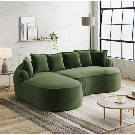 Canapé sans cadre, tissu Chenille Cloud, forme L avec assise extra profonde et larges accoudoirs, avec causeuse & coussins, sans montage nécessaire, vert