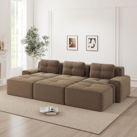 Canapé sans cadre, tissu velours côtelé doux, canapé d'angle modulable avec fonction couchage et 3 poufs, canapé trois places, canapé confortable pour salon, marron.