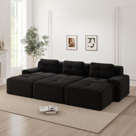 Canapé sans cadre, tissu velours côtelé doux, canapé d'angle modulable avec fonction couchage et 3 poufs, canapé trois places, canapé confortable pour salon, noir.