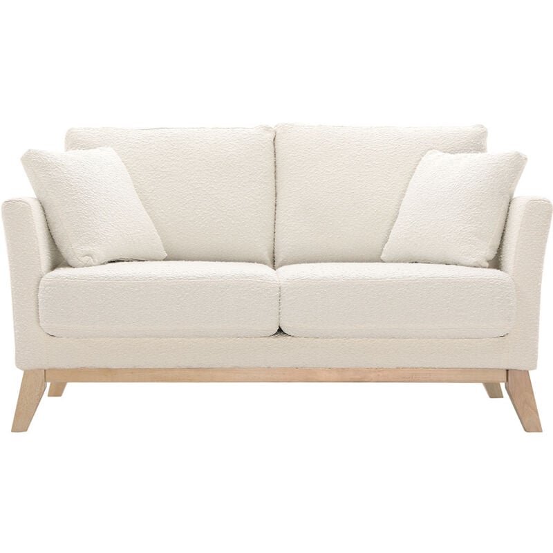 Canapé scandinave déhoussable 2 places en tissu effet laine bouclée blanc cassé et bois clair OSLO