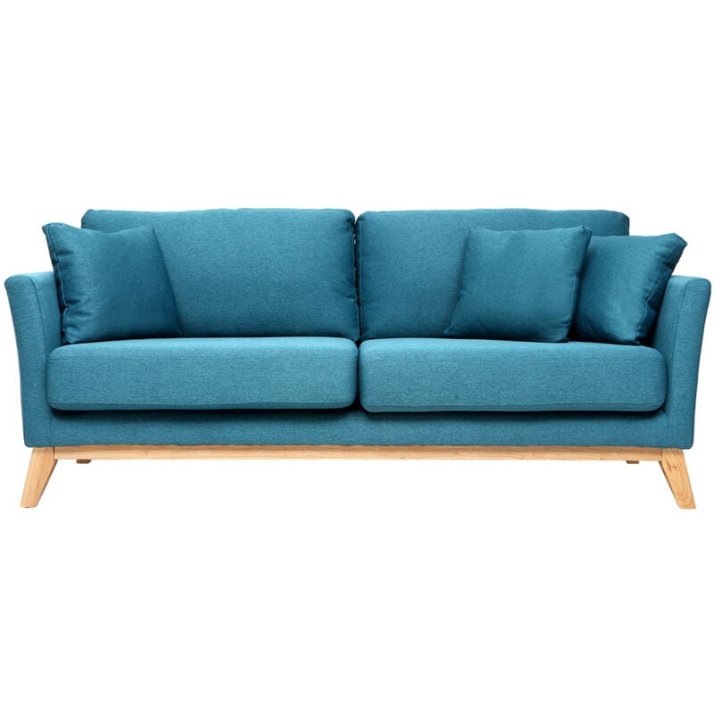 Miliboo - Canapé scandinave déhoussable 3 places en tissu bleu canard et bois clair oslo