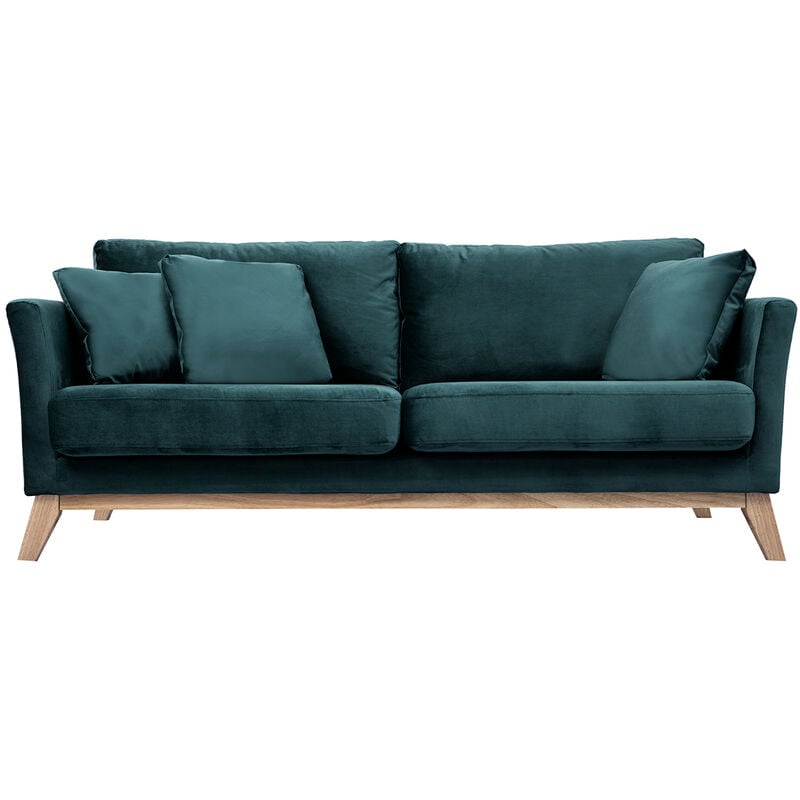 Miliboo - Canapé scandinave déhoussable 3 places en tissu velours bleu pétrole et bois clair oslo