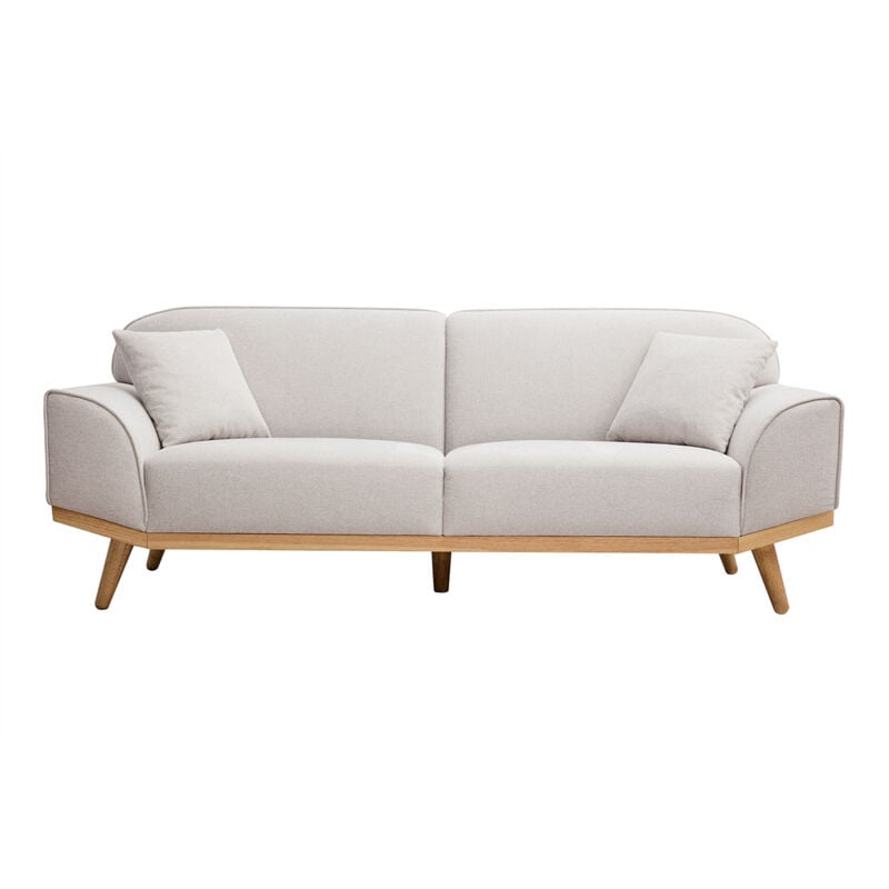 Canapé scandinave 3 places en tissu effet velours texturé beige et bois clair freema