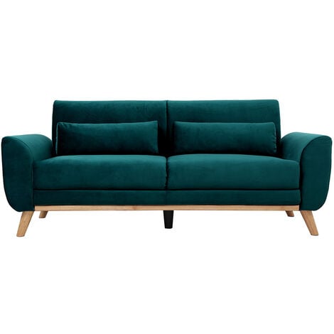 Canapé scandinave 3 places en tissu velours bleu canard et bois clair EKTOR