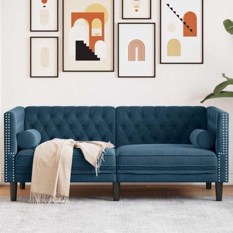 Canapé-Sofa Chesterfield avec traversins 2 places bleu velours