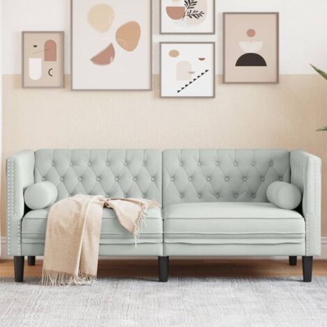 Canapé-Sofa Chesterfield avec traversins 2 places gris clair velours