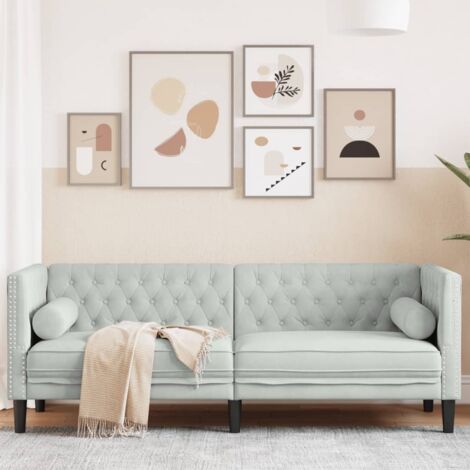 Canapé-Sofa Chesterfield avec traversins 3 places gris clair velours