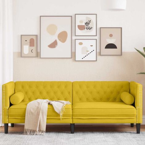 Canapé-Sofa Chesterfield avec traversins 3 places jaune velours