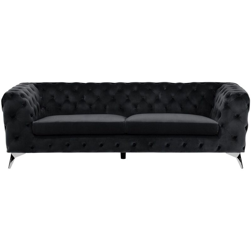 Canapé Fixe 3 Places Capitonné en Velours Noir de Qualité Idéal pour Salon au Design Glamour et Traditionnel Beliani