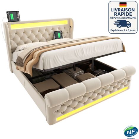 Canapé tapizado 160x200cm - Con iluminación LED - Cabecero con puertos USB y Tipo C - Canapé hidráulico - Terciopelo - Beige
