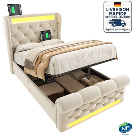 Canapé tapizado 90x200cm - Con iluminación LED - Cabecero con puertos USB y Tipo C - Canapé hidráulico - Terciopelo - Beige