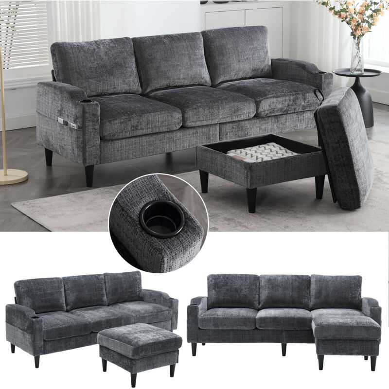 Neche - Canapé tissu en Chenille 4 places élégant avec pouf et espace de rangement,Porte-boissons,Accoudoirs confortables,Gris