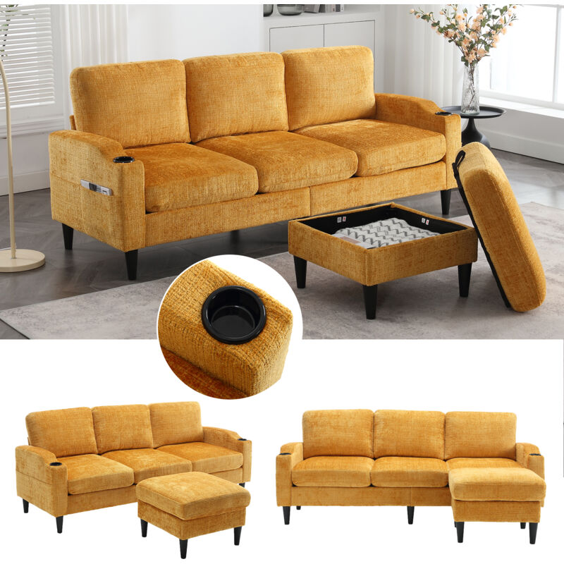 Neche - Canapé tissu en Chenille 4 places élégant avec pouf et espace de rangement,Porte-boissons,Revêtement en velours,Jaune