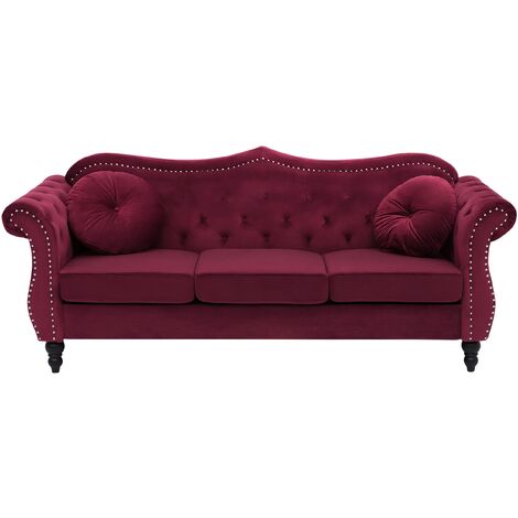 Canapé Type Chesterfield 3 Places en Velours Rouge avec Dossier Capitonné pour Salon au Style Vintage et Glamour Beliani