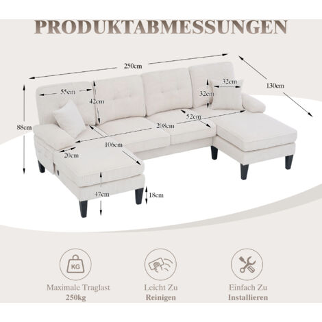 Canapé U 4 places beige en velours côtelé doux,chaise longue double intégrée,rembourrage confortable et structure robuste pour salon.