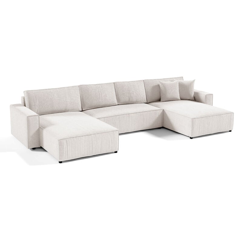 Petits-meubles - Canapé u 5 places convertible coffre Isaac velours côtelé Blanc Cassé