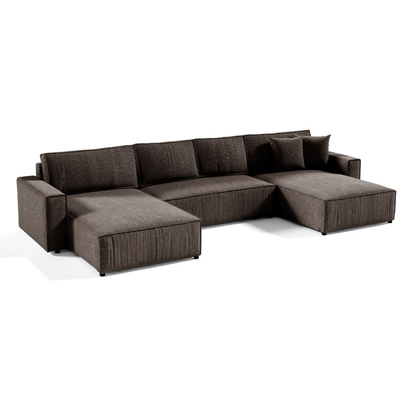 Petits-meubles - Canapé u 5 places convertible coffre Isaac velours côtelé Marron