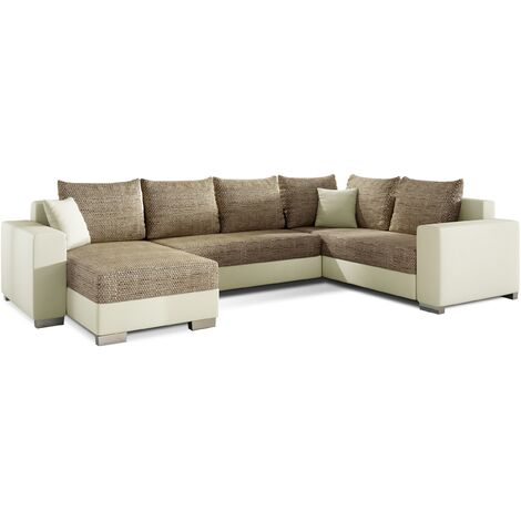 Canapé U convertible tissu beige chiné et simili beige coffre de rangement à gauche Marry 321cm