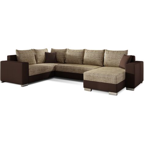 Canapé U convertible tissu beige chiné et simili marron foncé coffre de rangement à droite Marry 321cm